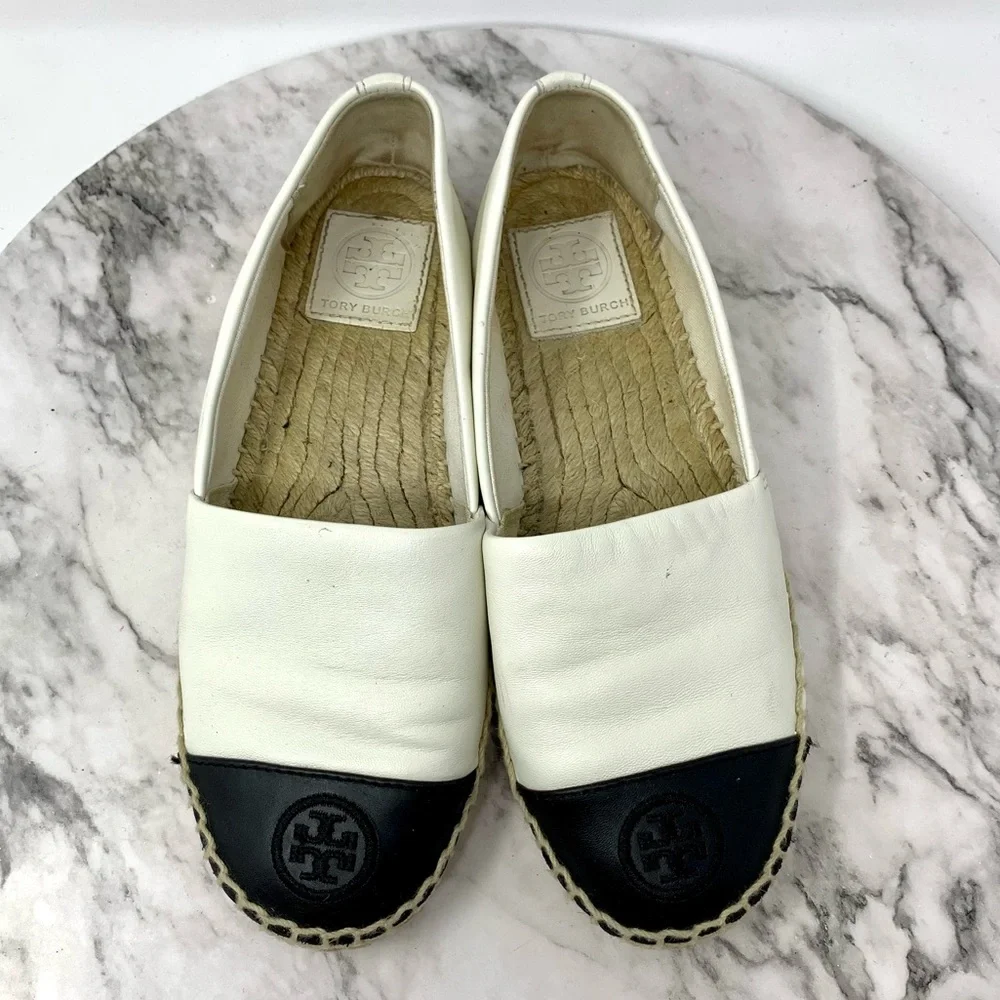 Tory Burch Color-Block Black/Cream Leather Espadrilles 6 Euro Summer Classic